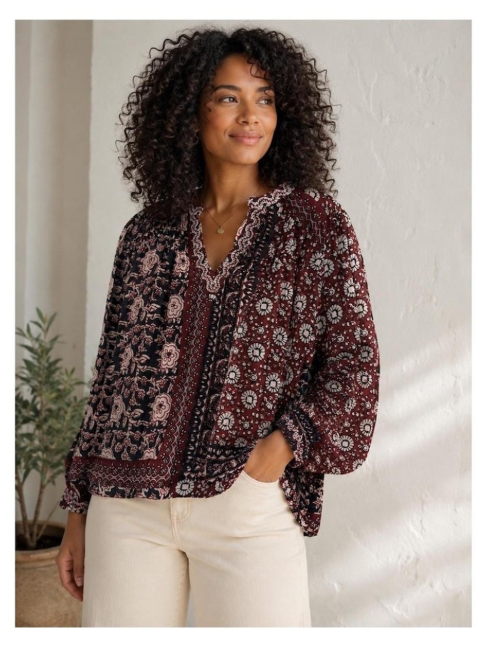 Elie Tahari Boho Floral Patchwork Peasant Blouse in Burgundy and Black